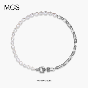 MGS曼古银油画玫瑰系列巴洛克珍珠S925高级纯银锁骨链项链女