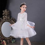 白色童礼服表演出服装，连衣裙秋冬蕾丝，短款儿童蓬蓬礼服裙公主