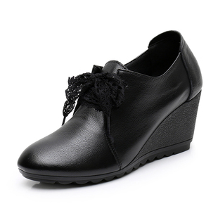 真皮高跟鞋深口坡跟女鞋秋季舒适单鞋时尚女士系带，鞋黑色34码皮鞋