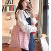 韩国ins粉色格子布袋刺绣，字母购物袋大容量，通勤百搭托特包单肩包