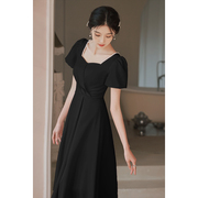 黑色小晚礼服平时可穿年会，泡泡袖连衣裙，女宴会气质小个子法式洋装