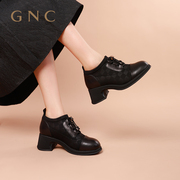gnc深口单鞋女秋商场，同款黑色弹力布，拼接真皮粗跟小皮鞋