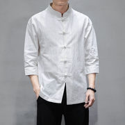 秋季棉麻短袖唐装中式白色青年衬衫男士老北京复古民族风盘扣茶服