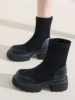 马丁靴女2023秋冬厚底，弹力靴黑色增高中筒靴，小个子高跟瘦瘦靴