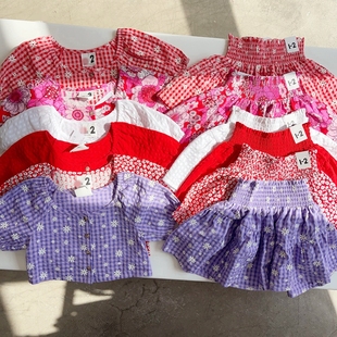 2-10澳女童梭织棉六色印花短款上衣+宽松紧半身裙(分开拍)
