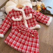 女童小香风格子套装夹棉加厚2023冬季儿童，保暖休闲外套半身裙