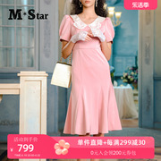 m-star明星系列夏季粉色复古娃娃，领连衣裙女鱼尾裙短袖裙子
