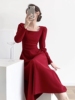 红色连衣裙女秋冬长袖长款礼服日常可穿收腰高级感结婚订婚敬酒服