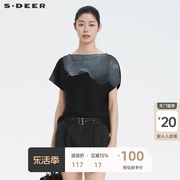 sdeer圣迪奥女装，一字领撞色胶印肌理，褶皱短袖t恤s222801b8