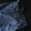布兜设计师款灰蓝色纯亚麻新丹宁(新丹宁，)松紧腰宽松解构感分割休闲花苞裤