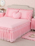 巧致生活全棉单件床裙式床罩套蕾丝床笠纯棉公主2023年粉色