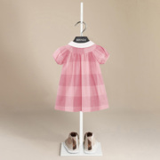 伯米吉夏装新女童纯棉娃娃领衬衫连衣裙宝宝婴幼儿粉色格子公主裙