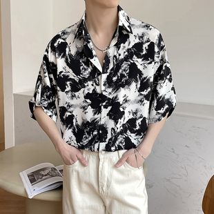 夏季小众水墨画洋气时尚短袖衬衫男痞帅设计感垂感薄款衬衣发型师