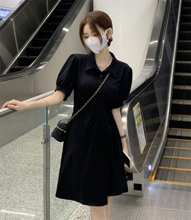 黑色小个子雪纺连衣裙2023夏赫本风短裙子显瘦法式短袖小黑裙