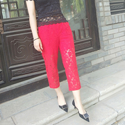 蕾丝裤子女夏红色(夏红色，)宽松腰薄款外穿大码镂空显瘦高腰白色七分打底裤