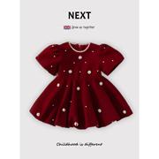 英国next女宝宝红色，公主裙子春秋装，婴儿一周岁礼服女童珍珠连衣裙