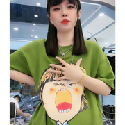 欧韩风2023彩色涂鸦女孩绿色，t恤女大码纯棉中长款短袖上衣潮