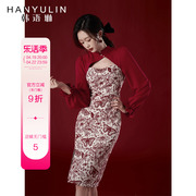 韩语琳法式红色长袖连衣裙女中长款春秋高腰一步裙子过年战袍