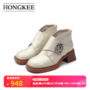 Hongkee/红科靴子女2023粗跟防滑底短靴时尚冬季女鞋HA53S416