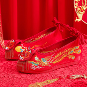 流苏女古风绣花鞋红色，新娘秀禾婚鞋中式内增高复古软底汉服鞋