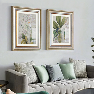 美式田园风格客厅装饰画现代轻奢沙发，背景墙简美挂画花鸟餐厅壁画