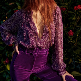 性感紫色烫金印花荷叶，边翻领法式雪纺，碎花薄衬衣衬衫2024春夏