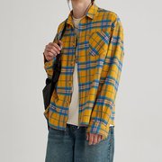 黄色格子衬衫男长袖夏季薄款户外防晒衣外套，vintage美式复古衬衣