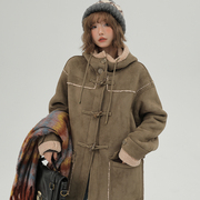Girlyhalo美式复古麂皮绒羊羔毛外套女冬连帽加绒加厚中长款大衣