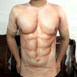 潮流肌肉男t恤3d性感，仿真6八块腹肌短袖，修身创意恶搞图案大码衣服