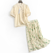 纯色显瘦短款立领减龄泡泡短袖，女衬衫+绿色印花半身裙女套装a468