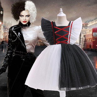 欧美万圣节cosplay服装女童魔女扮演裙黑白拼接飞飞袖短款蓬蓬裙