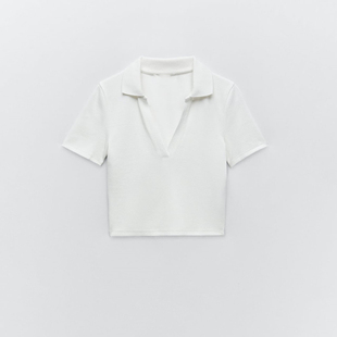 URBFHM2021美式白色短款polo衫v领修身短袖T桖上衣女 04424306712