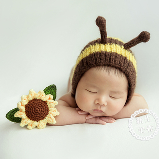 新生儿摄影道具可爱小蜜蜂帽子百天初生婴儿童宝宝拍照新生美作