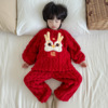 儿童大红色珊瑚绒家居服过年套装加绒加厚男童女孩本命年冬季睡衣