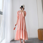 粉色连衣裙2024夏季韩版宽松显瘦v领可盐可甜宫廷风长裙
