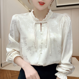 新中式国风上衣春季木耳边盘扣，长袖t恤设计感小众气质小衫女