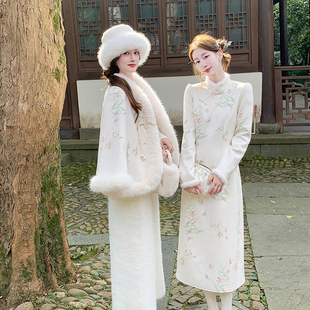 果果家新中式大毛领羽绒服外套，女冬季国风，旗袍连衣裙套装两件套