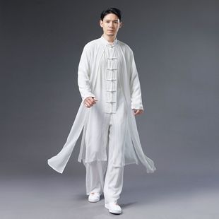 龙古堂新中式棉麻居士服国风七扣假两件套白色盘扣唐装汉服男长衫