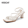 KISSCAT/接吻猫夏季牛皮时尚方头高跟都市时装凉鞋女KA21310-13