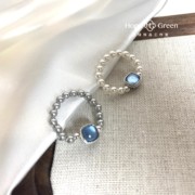 天然海蓝宝石方形施家白色，真多麻灰珍珠戒指，闺蜜轻奢小众设计感