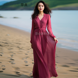 度假长裙雪纺连衣裙夏季玫，红色高级感到脚踝，长款裙海边沙滩裙