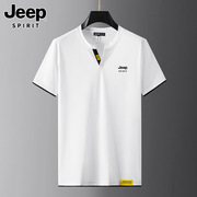 jeep吉普短袖t恤男士，夏季薄款v领白色体恤，2024假两件上衣服男