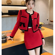 红色小香风套装秋冬女气质蝴蝶结毛呢短款外套半身裙两件套高级感