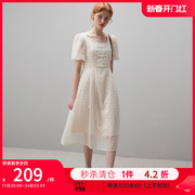 dfvc夏季新中式方领连衣裙，2023女泡泡袖刺绣拼接高腰，宽松长裙