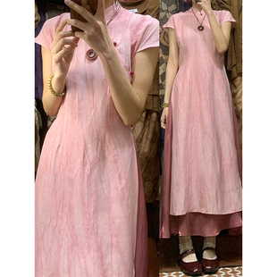 大码胖mm夏装搭配一整套新中式，复古国风粉色改良旗袍连衣裙两件套