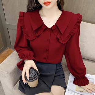 雪纺衬衫女春秋2024年设计感小众红色小衫洋气时尚娃娃领
