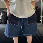 日系男童夏日百搭拼接牛仔五分裤儿童休闲时髦宽松工装牛仔短裤