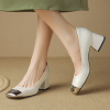 女鞋2024春季欧美方头粗跟米白色牛漆皮鞋子浅口中跟女士单鞋