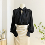 法式高级感黑色立领缎面衬衫，女春季设计感拼接灯笼袖衬衣气质上衣