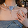 蓝色花朵水滴水晶流苏珍珠，项链双层轻奢小众颈链，锁骨链choker配饰